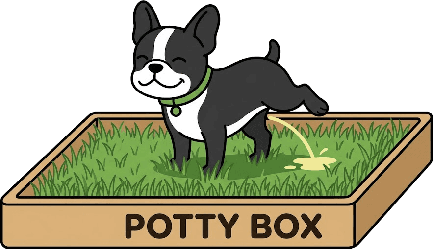Happy French Bulldog puppy using the Potty Box